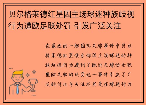 贝尔格莱德红星因主场球迷种族歧视行为遭欧足联处罚 引发广泛关注
