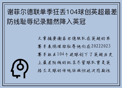 谢菲尔德联单季狂丢104球创英超最差防线耻辱纪录黯然降入英冠